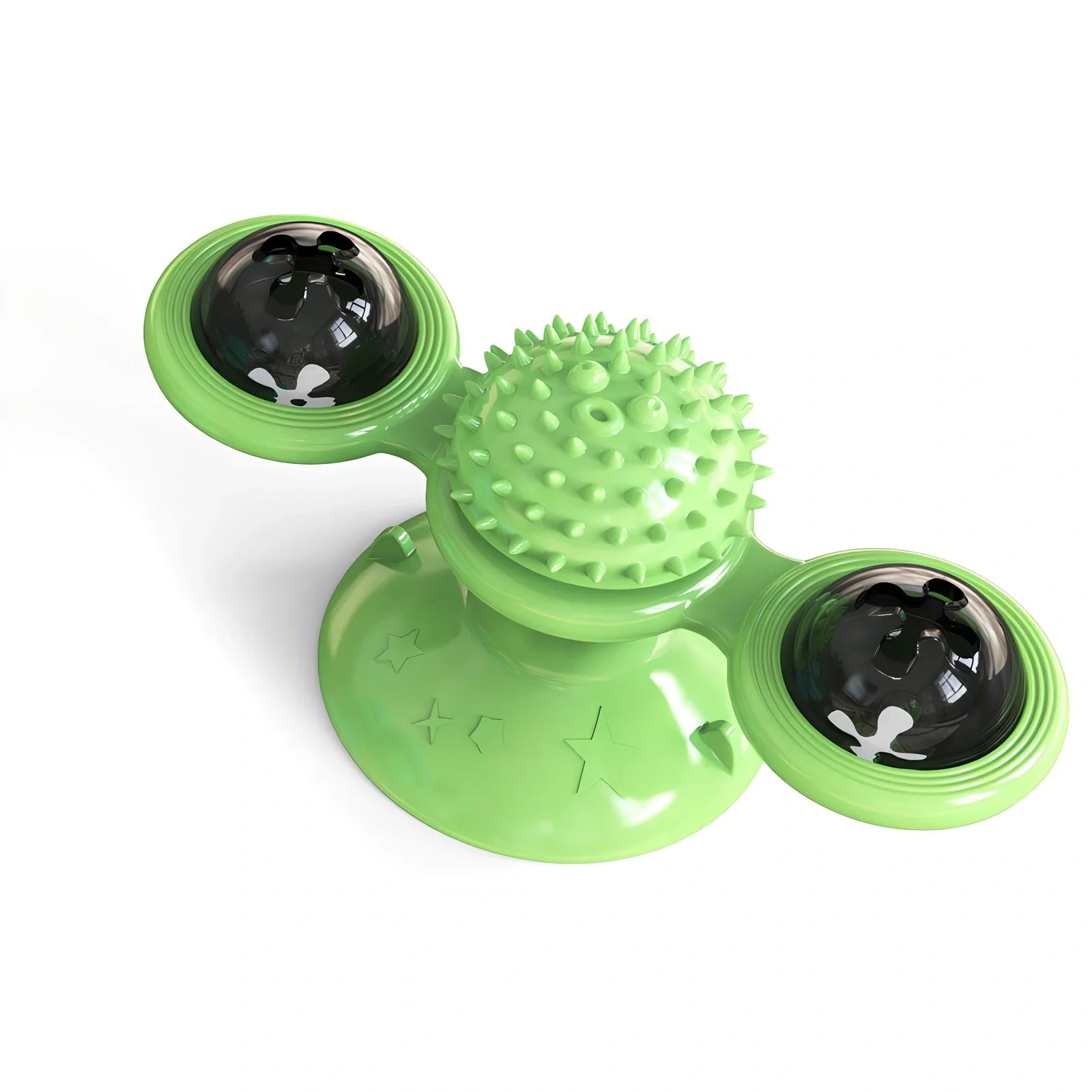 Yellow windmill cat toy with suction base, 158x74x69mm, transparent bins for balls, spinning blades and furry attachment