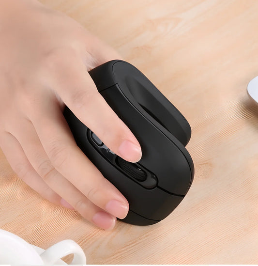 Black wireless vertical mouse with 6 buttons, ergonomic grip, and adjustable DPI display on desk surface
