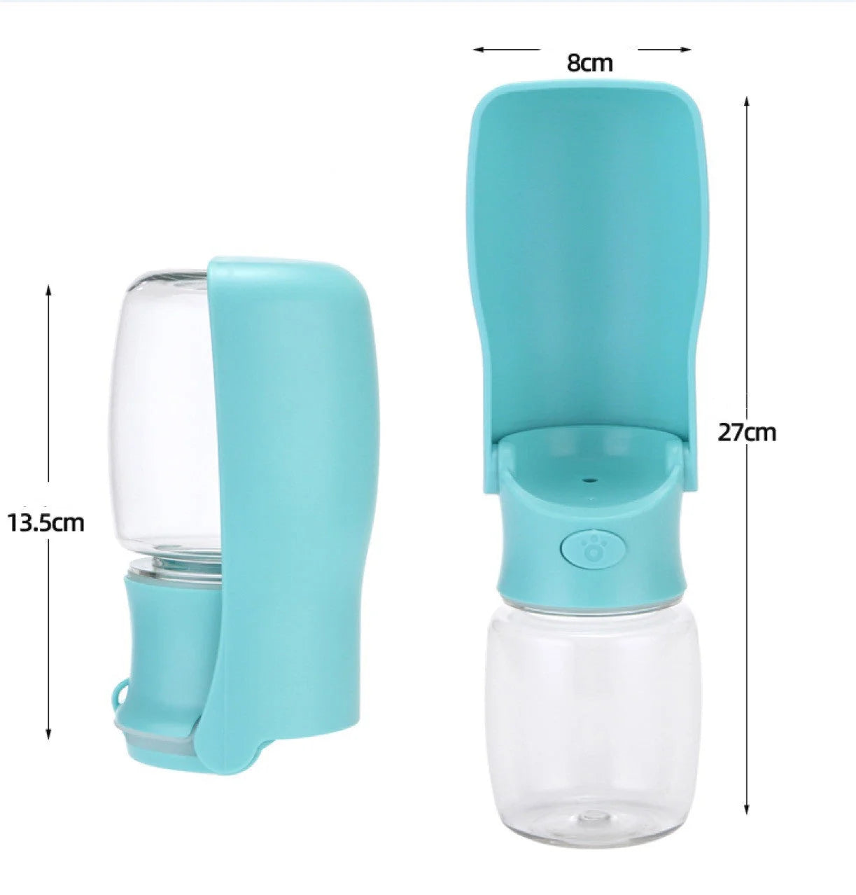 Foldable dog water bottle in blue, white, and pink, showing collapsible design and water dispensing feature