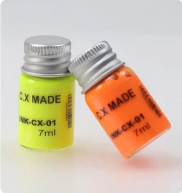 Fluorescent fountain pen dip ink set with 8 glowing colours in borosilicate glass bottles