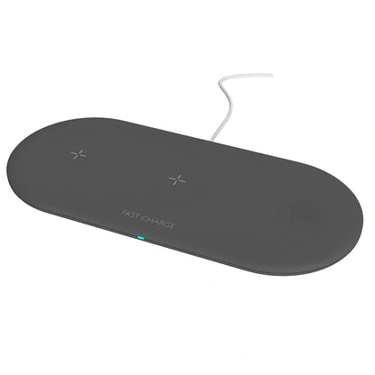 Black three-in-one wireless charger for iPhone at 10W, AirPods and Apple Watch at 5W, Qi standard with rubber base