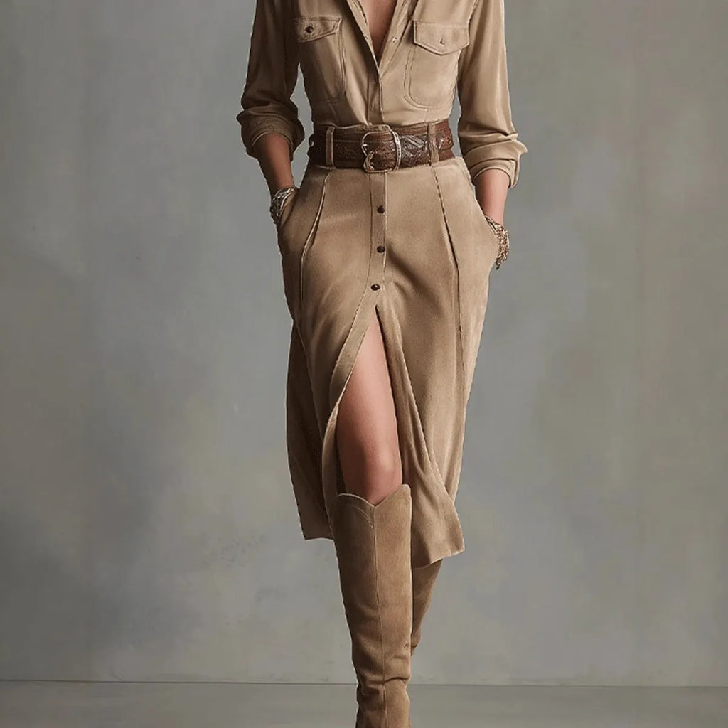 Khaki women's French waist asymmetric dress with high waist and polyester fabric, full-length view