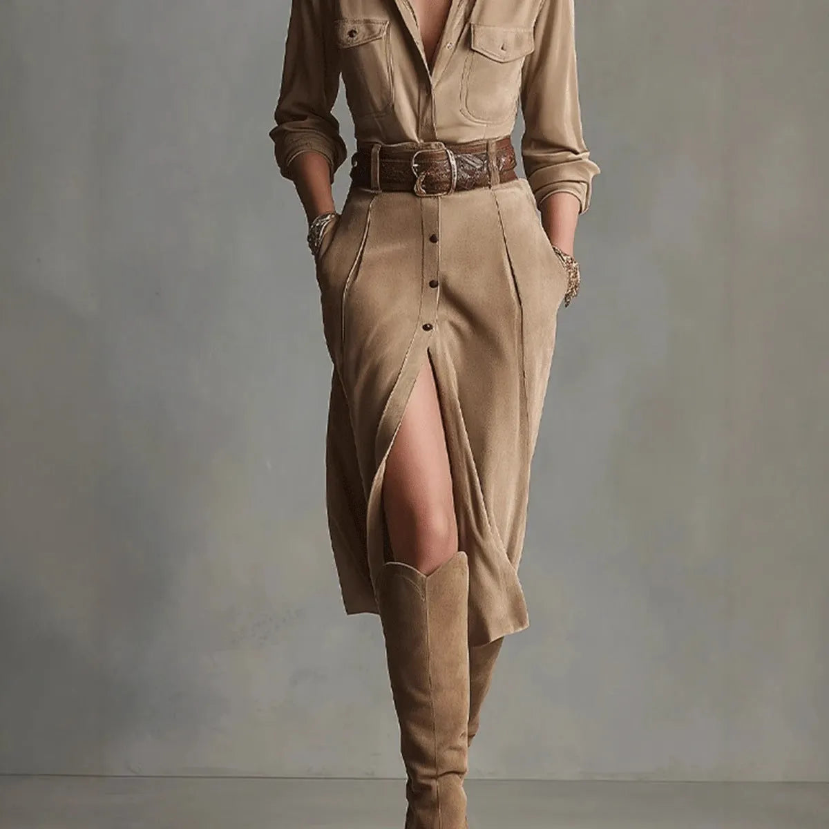 Khaki women's French waist asymmetric dress with high waist and polyester fabric, full-length view