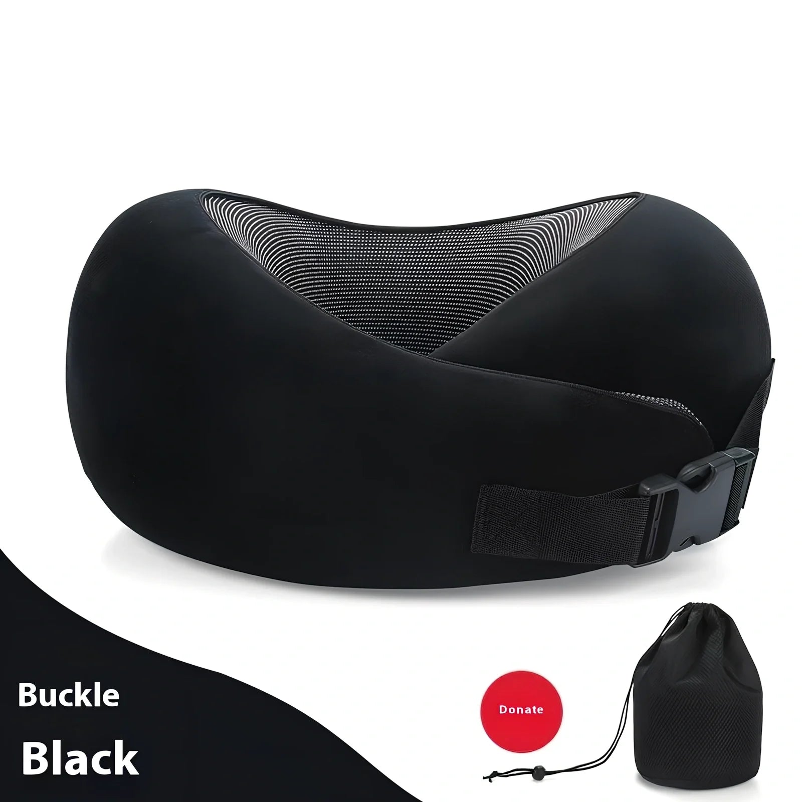 Dark gray adjustable U-shaped memory foam neck pillow with Velcro closure and storage bag, 30cm high for travel support