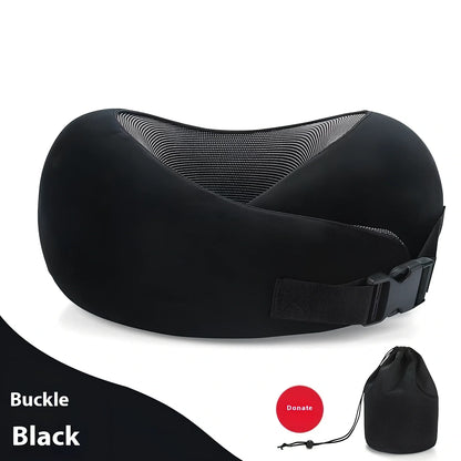 Dark gray adjustable U-shaped memory foam neck pillow with Velcro closure and storage bag, 30cm high for travel support