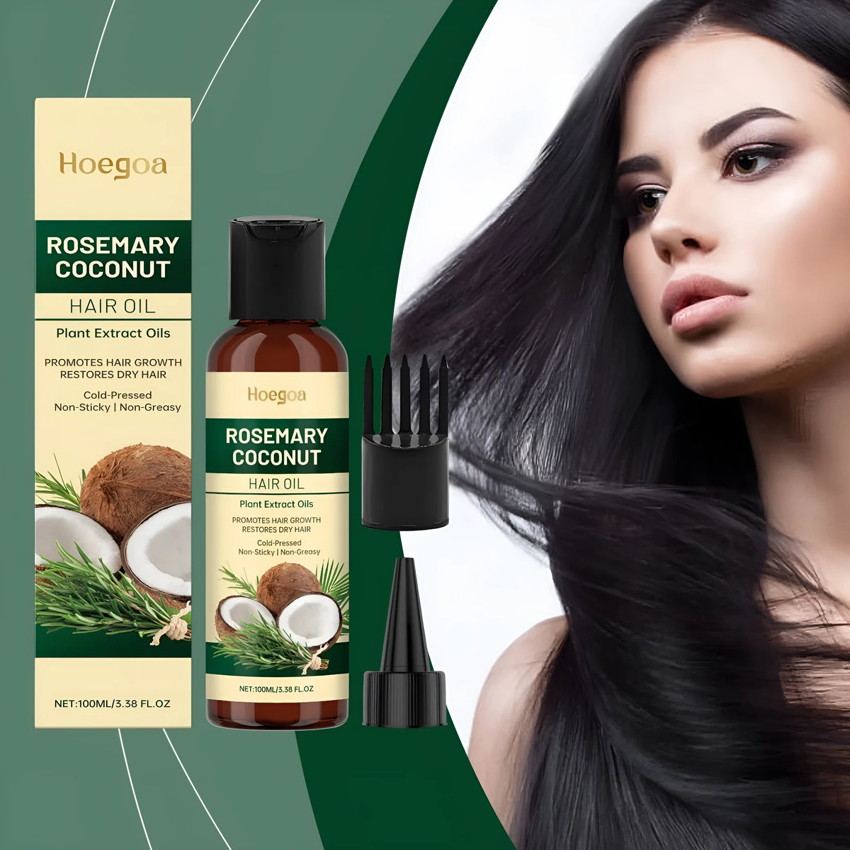 100ml rosemary coconut hair oil with squeeze head and comb head applicators for nourishing hair care