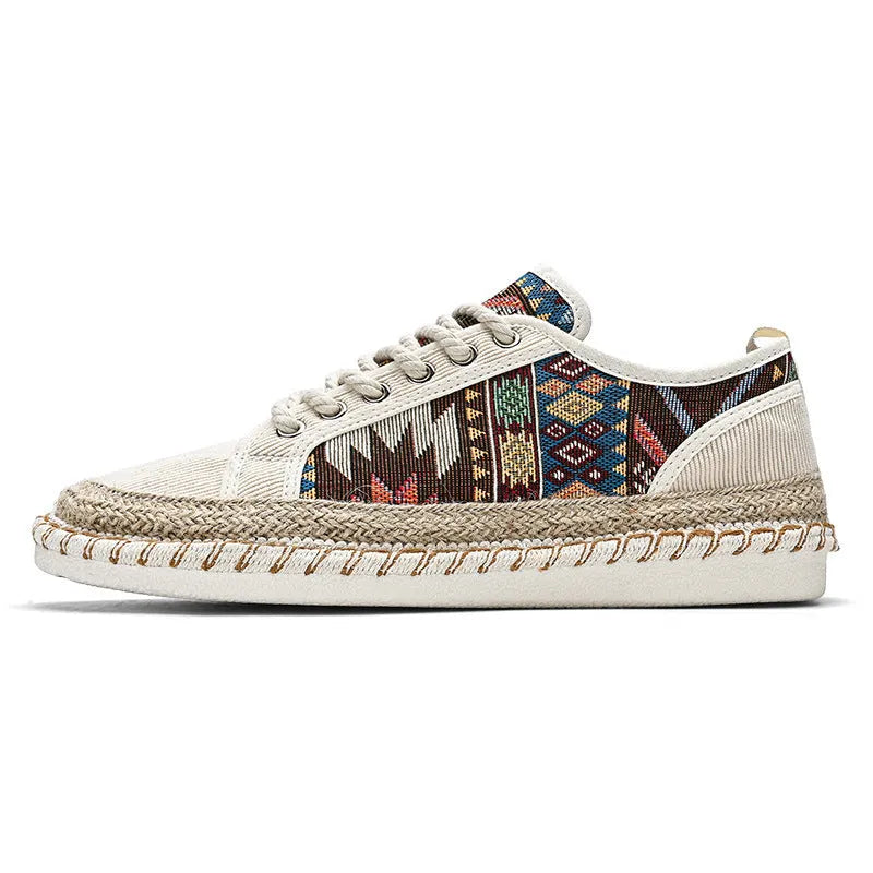 Men's beige and black casual cloth shoes with round toe design for summer