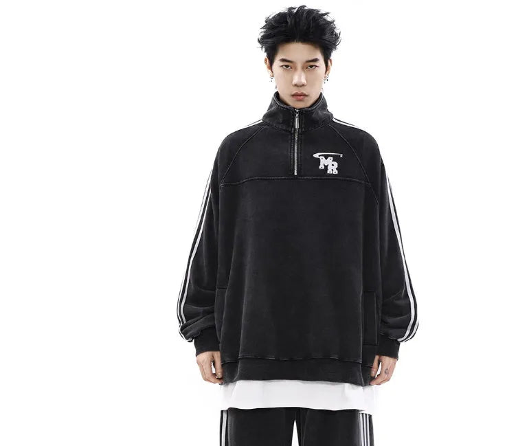 Black Hong Kong style stand collar couple sweater with long sleeves and a coat-style design.