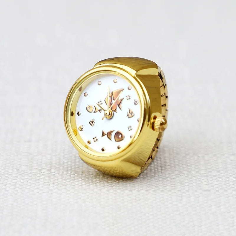 Gold alloy watch appearance ring with 8mm thickness, pattern options include butterfly, cat, crown, iron tower, lotus, meteor, small fish