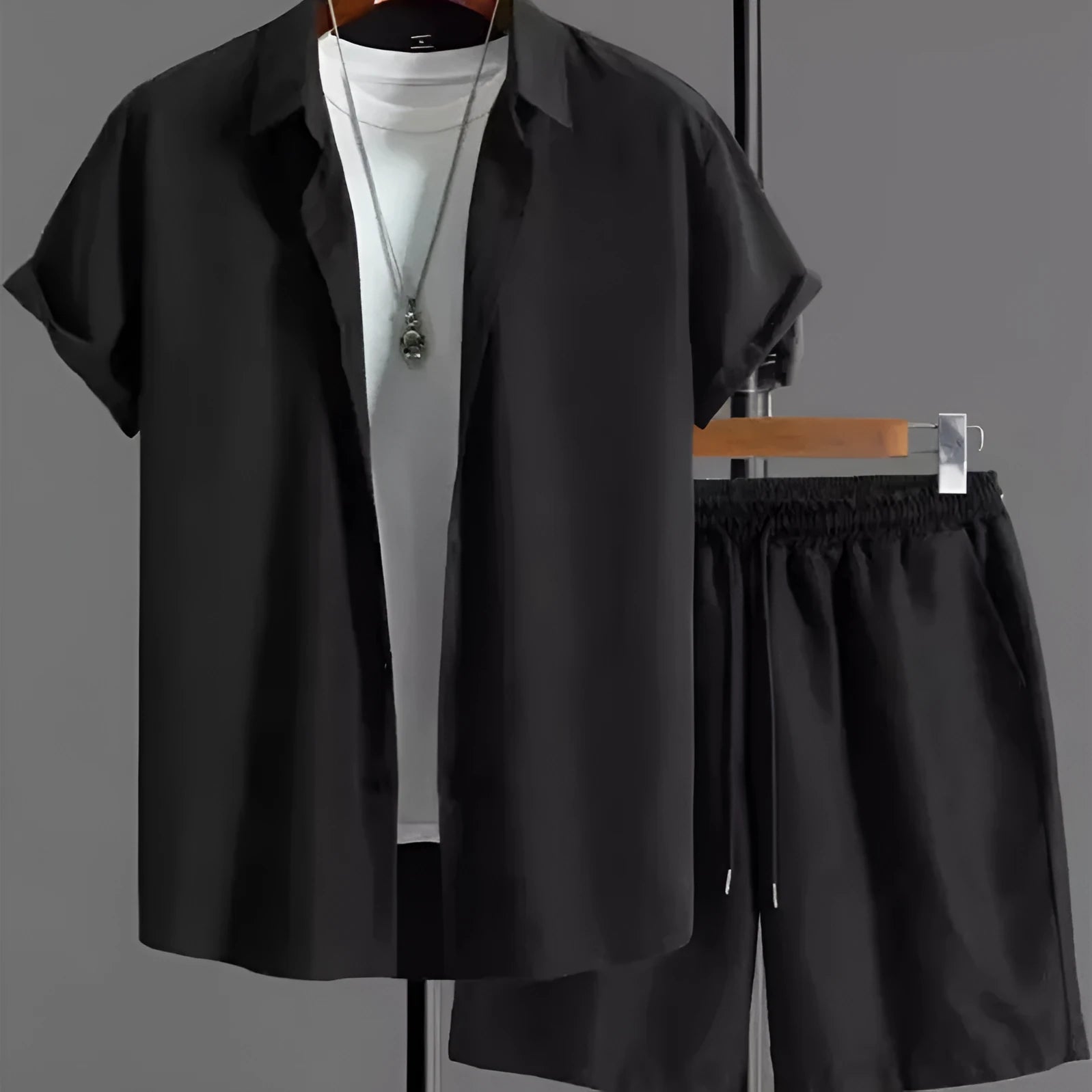 Jacquard short-sleeve shirt and matching shorts suit set in a solid colour.