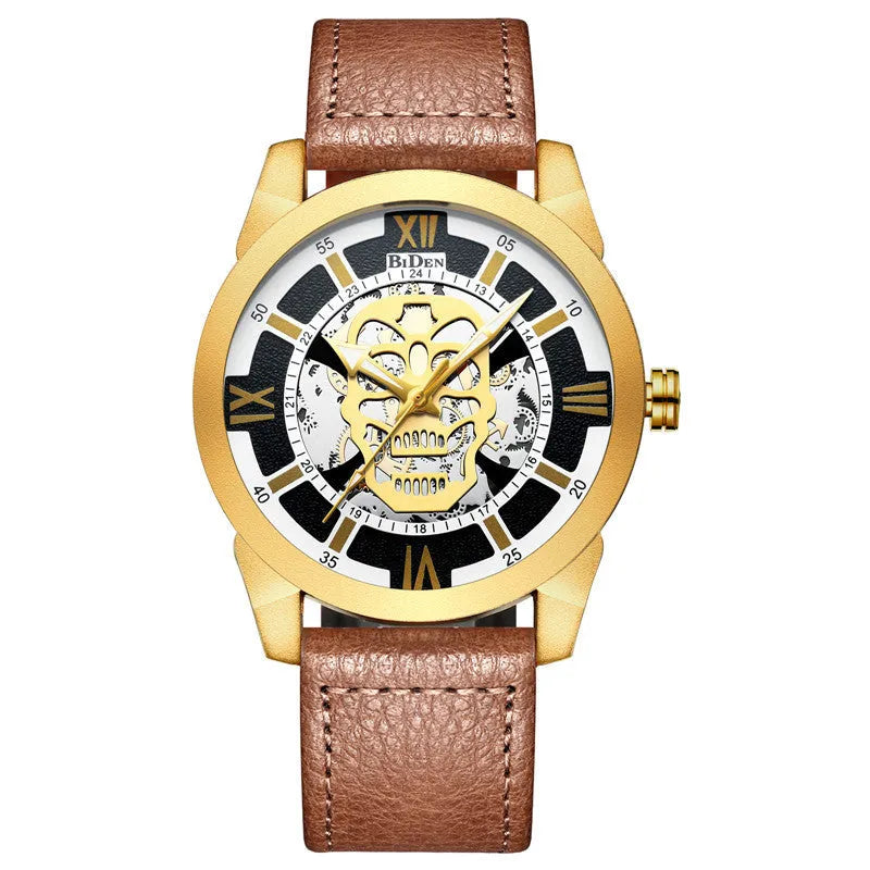 Biden men's hollow quartz watch with brown leather strap showing calendar function
