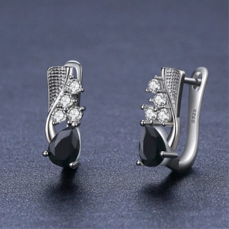 Korean style black drop-shaped earrings with micro rhinestone detailing, elegant women's accessories