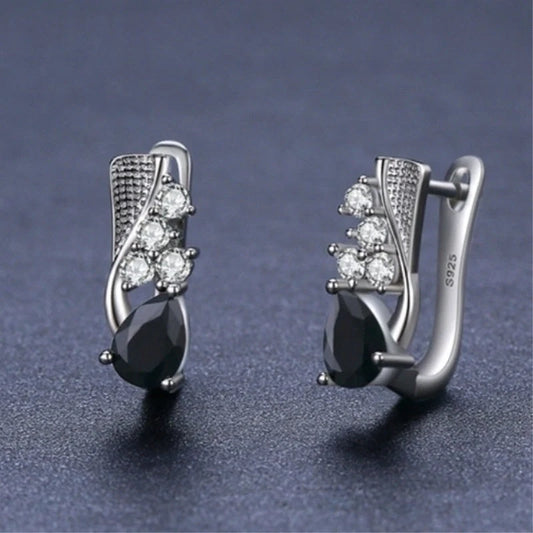 Korean style black drop-shaped earrings with micro rhinestone detailing, elegant women's accessories