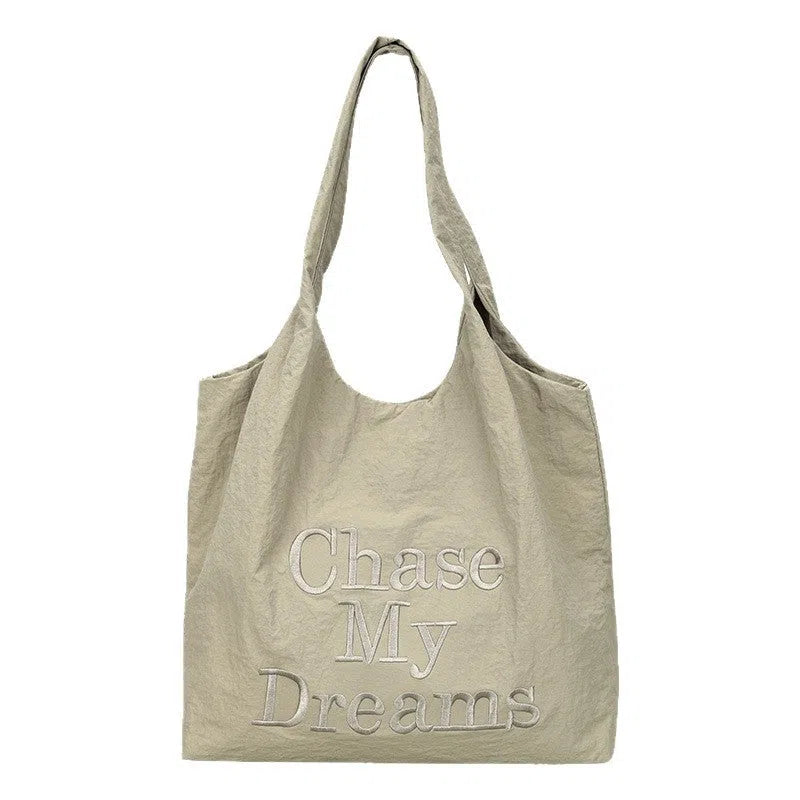 Korean-style 3D letter shoulder bag with minimalist embroidery in horizontal rectangle shape, nylon material, double straps, army green colour
