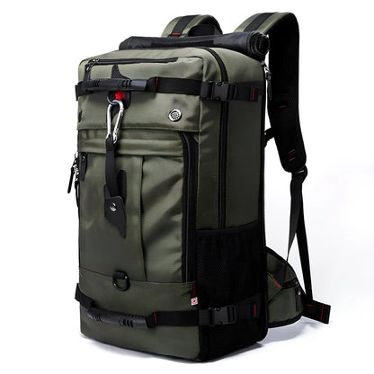 Multifunctional travel bag with multiple compartments in black, green, or blue colours showing 40L and 50L size options