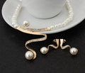 Gold electroplated pearl necklace and earrings set with deep V clavicle necklace design