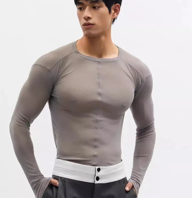 Black slim-fit long sleeve mesh pullover top with a round neck collar.