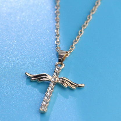 Elegant angel wings cross pendant necklace with adjustable snake-bone chain in gold and silver finishes