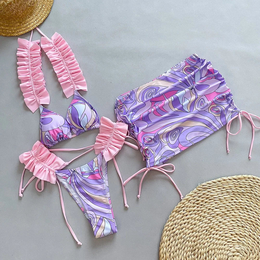 Women's purple pleated split bikini swimsuit with sleeveless design and briefs style for swimming