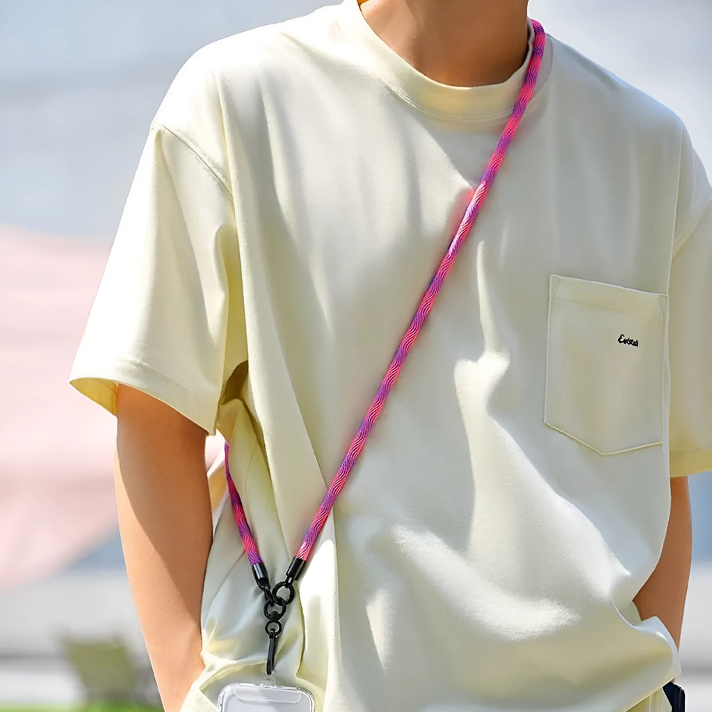 Adjustable 160cm rainbow woven polyester phone lanyard with alloy clip for crossbody or wrist wear