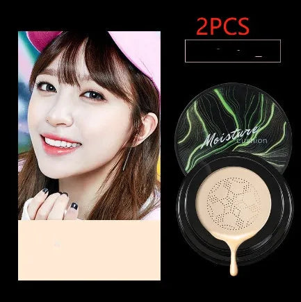 Air cushion BB cream foundation concealer in compact case with mushroom sponge, Ivory 01 and Natural 02 shades