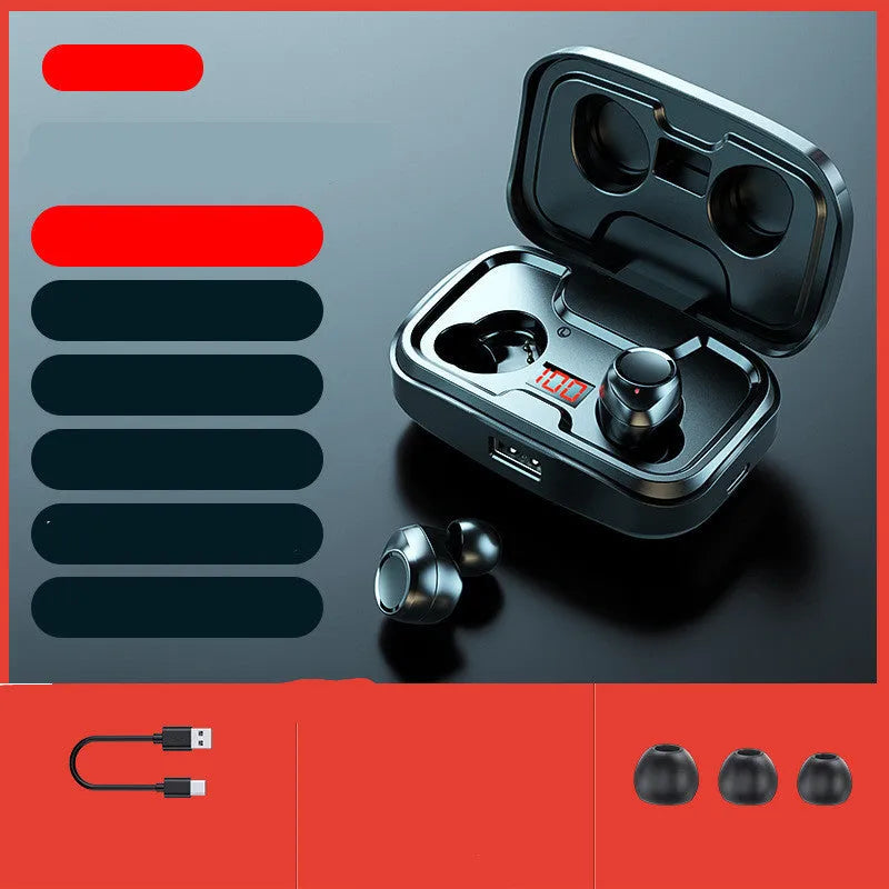 Black wireless in-ear Bluetooth earphones with earbud tips on a white surface.