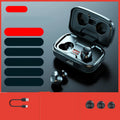 Black wireless in-ear Bluetooth earphones with earbud tips on a white surface.