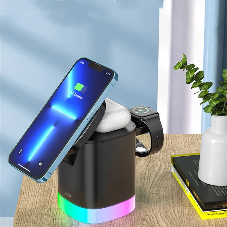Black and white 3-in-1 magnetic wireless charging station with foldable cube design