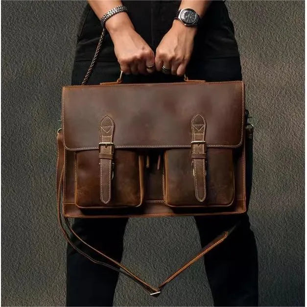 First layer cowhide leather computer crossbody bag in dark brown with visible sewing lines
