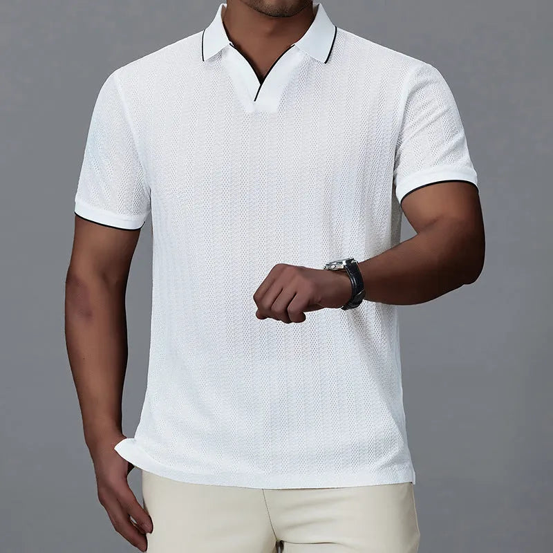 Men's loose-fitting short-sleeved polo shirt in thin nylon ice silk fabric, shown in black colour.