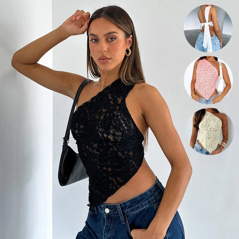 A stylish and comfortable backless lace top in a variety of colors, perfect for summer wear.