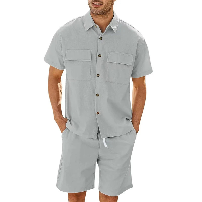 Men's summer suit set with short sleeve lapel shirt and drawstring shorts in linen-cotton blend