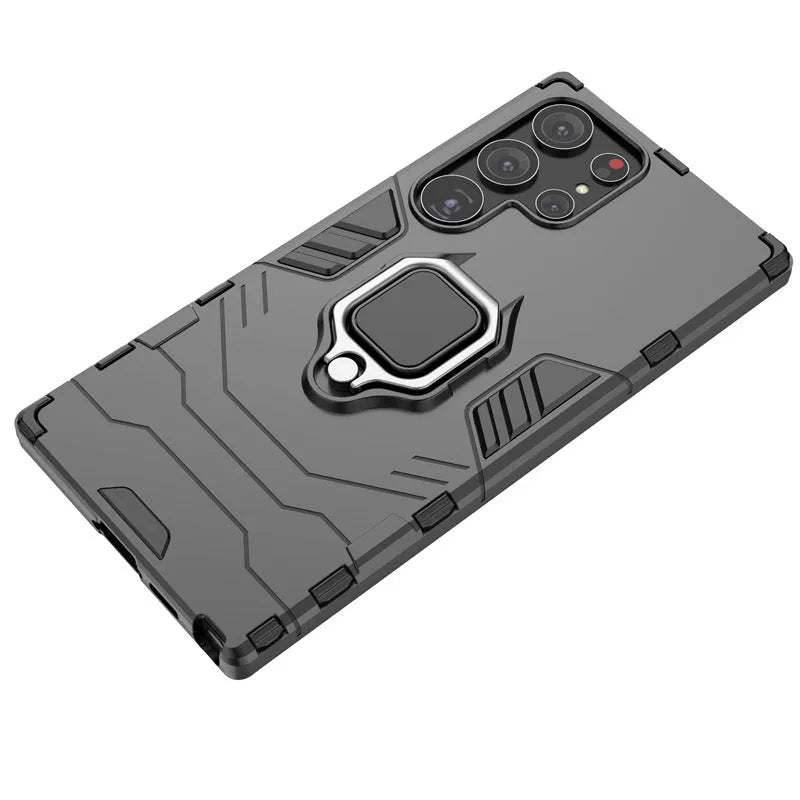Black TPU PC phone case for Samsung Galaxy with kickstand bracket standing on a table