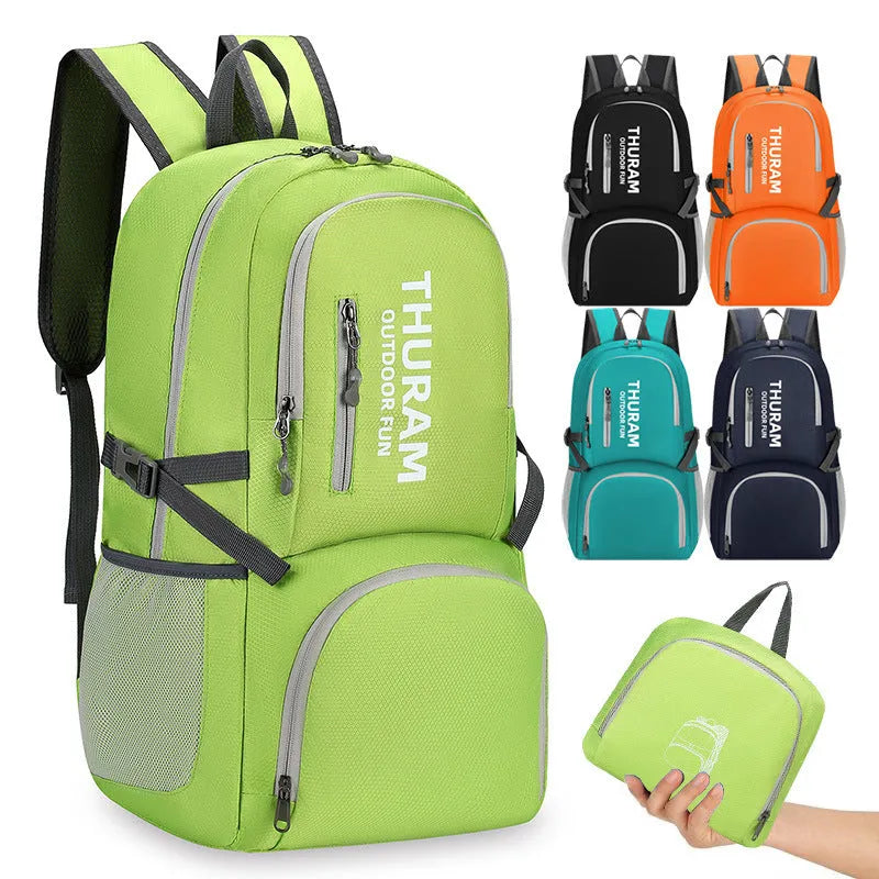 Outdoor folding shoulder travel bag in Oxford cloth with 20-35L capacity and air pillow belt