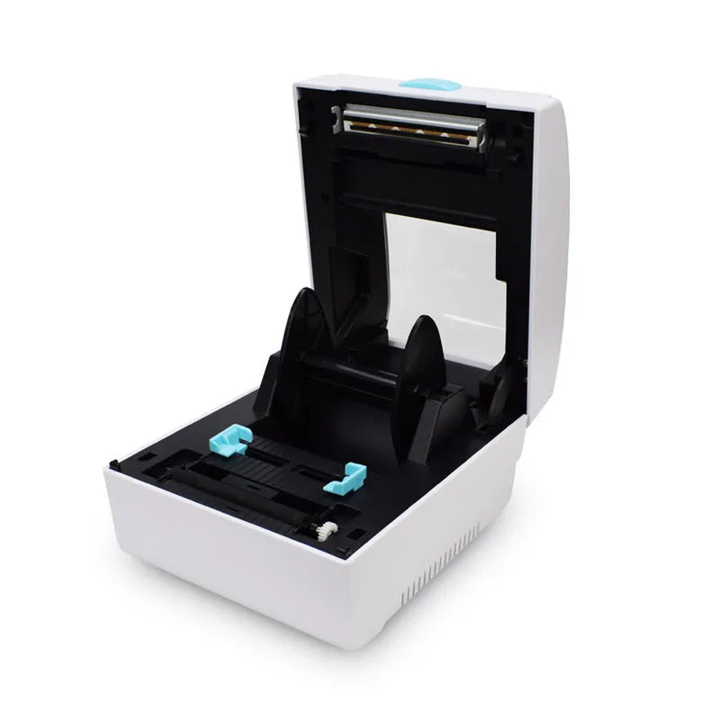 White Bluetooth thermal label printer with USB port on compact desktop stand