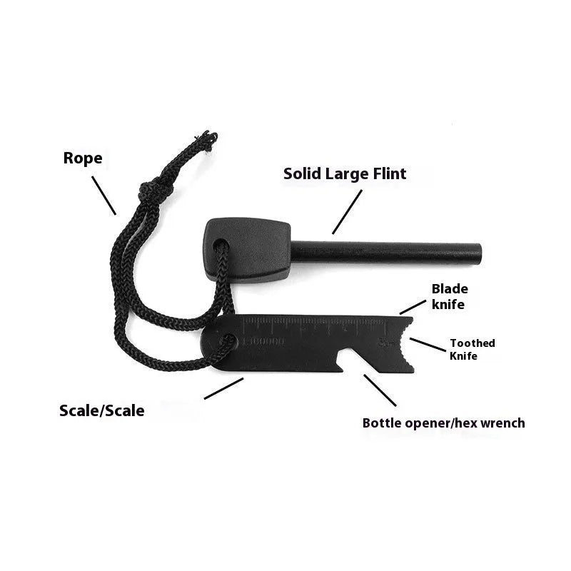 Black outdoor multifunctional flint tool with magnesium rod, steel scraper, whistle, and bottle opener.