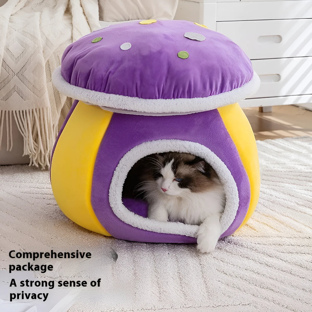 Grey mushroom-shaped plush cat bed with a detachable blanket, shown in a domestic setting.