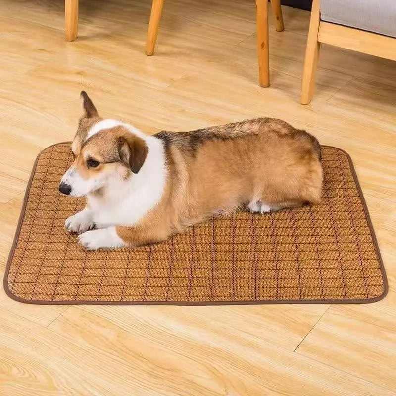 Brown rattan weave dog cooling mat shown in a large size.