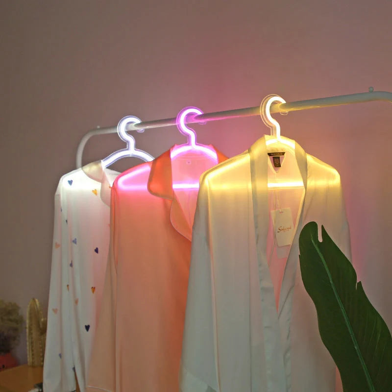 LED Neon Light Sign Clothes Stand USB Powered Hanger in white, pink, and warm light options