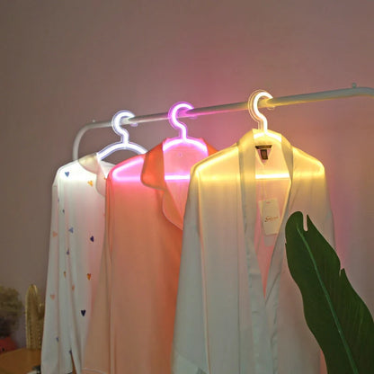 LED Neon Light Sign Clothes Stand USB Powered Hanger in white, pink, and warm light options