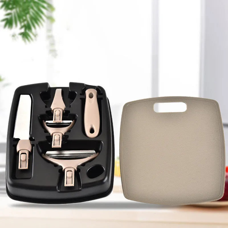 Green multi-function kitchen tool set with stainless steel blades for peeling, cutting and shaving on wheat straw chopping board
