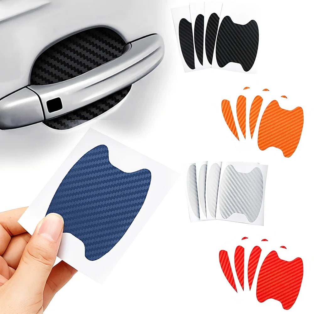 4-piece black carbon fibre car door handle stickers, 8.5 cm x 6.8 cm, scratch protection for vehicles