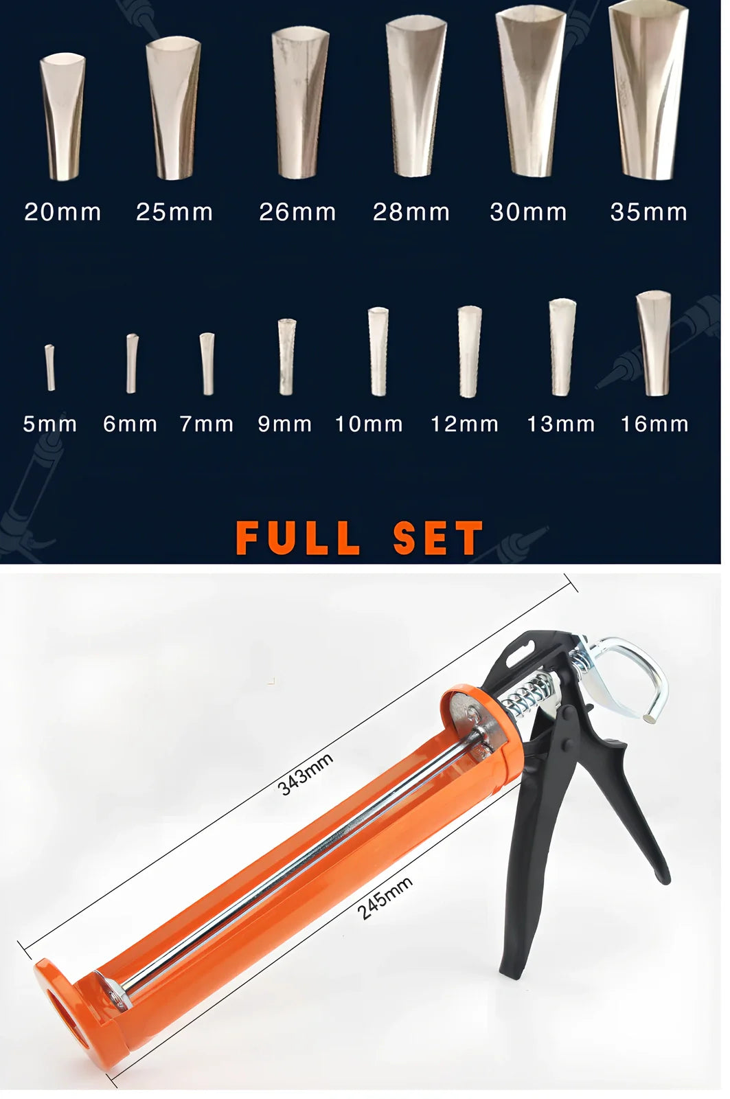 Stainless steel caulking nozzle applicator tool with 14 nozzles sized 5mm to 35mm for precise gap sealing