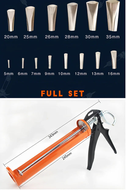 Stainless steel caulking nozzle applicator tool with 14 nozzles sized 5mm to 35mm for precise gap sealing