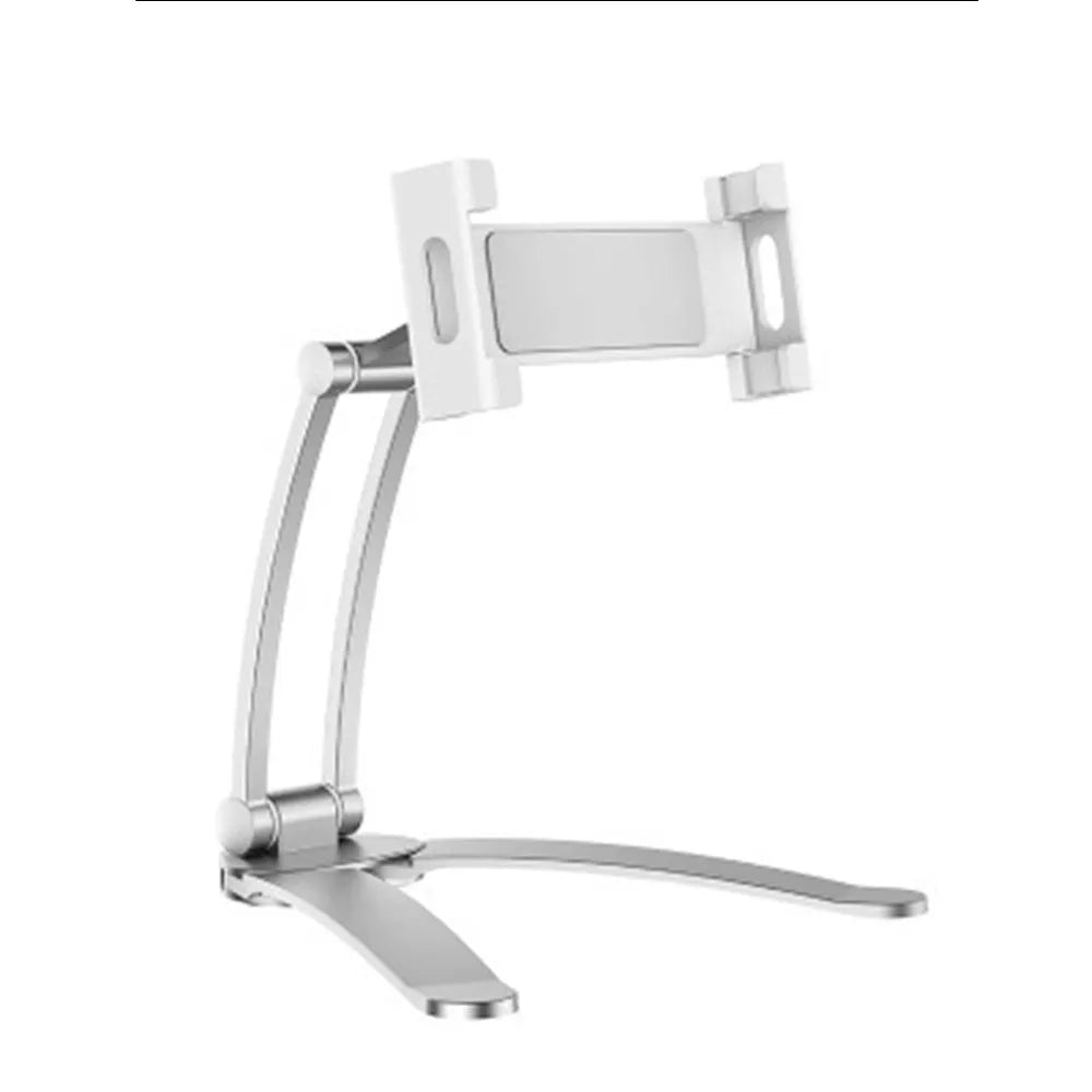 Silver aluminium alloy desktop tablet stand holding a tablet at an adjustable angle