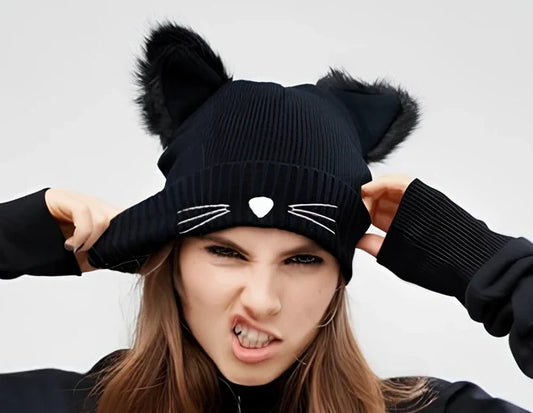 Grey woolen winter cap with 10cm cat ears, knitted for 52-58cm heads and cold weather insulation