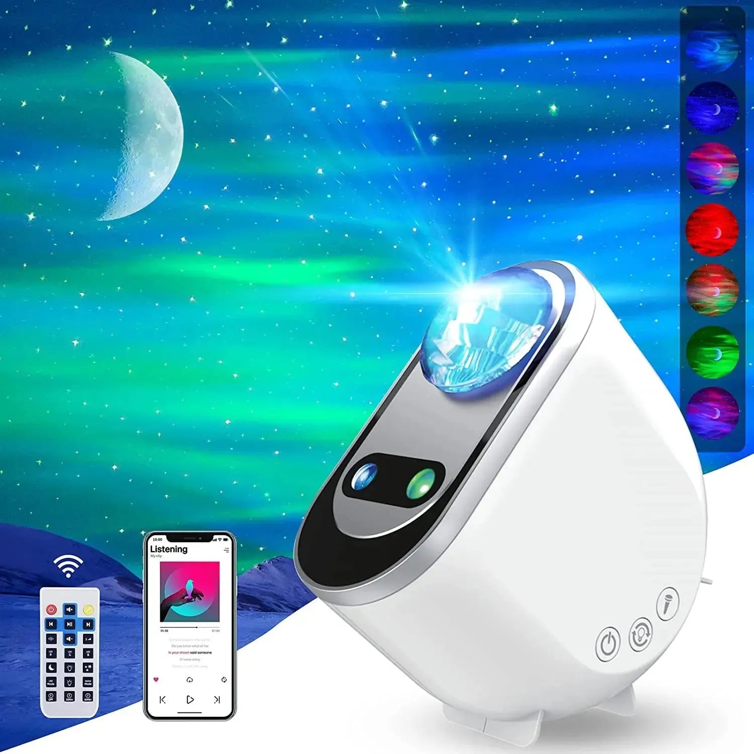 White ABS aurora borealis galaxy star projector with remote control displaying Northern Lights projection