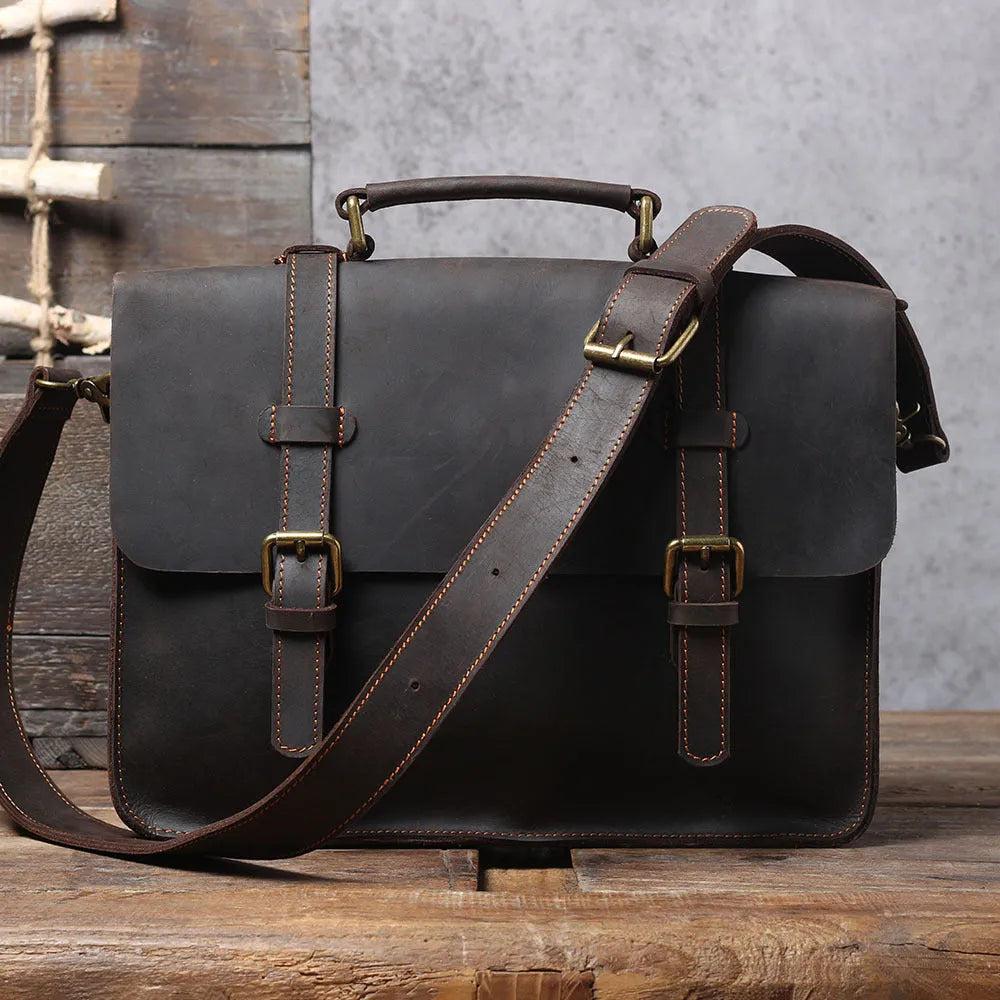 Coffee colour first layer cowhide leather backpack briefcase with double straps and zipper closure