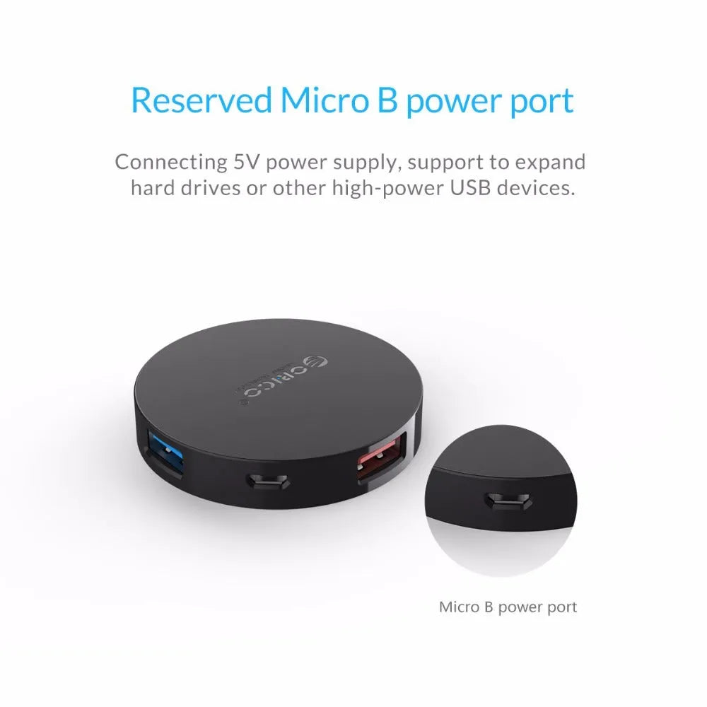 ORICO HA4U-U3 USB 3.0 four port hub in black ABS with four USB Type-A ports and Micro USB input
