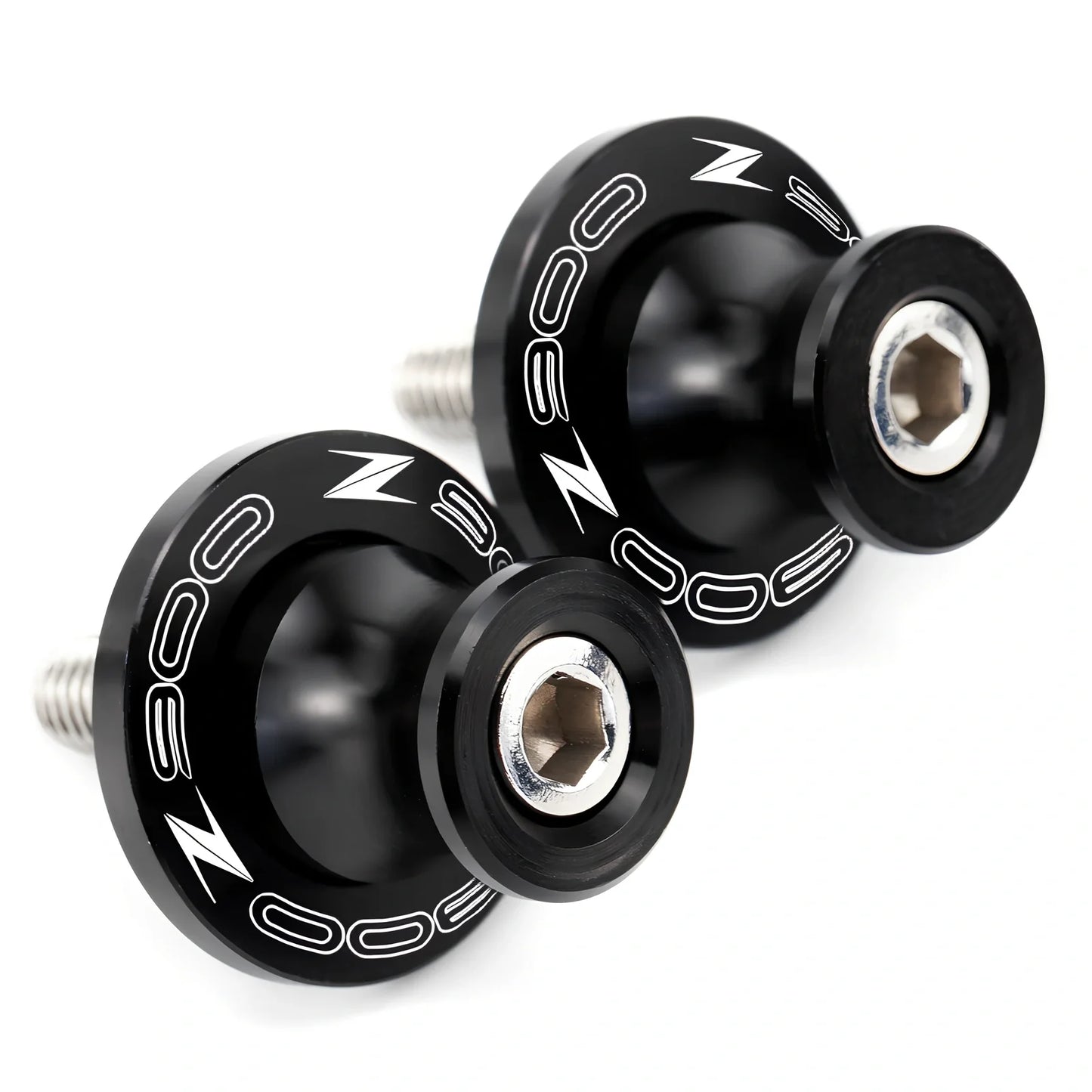 Pair of 8mm CNC aluminium swingarm spools sliders in titanium for Kawasaki Z650 Z900, with Delrin contact and stainless bolts